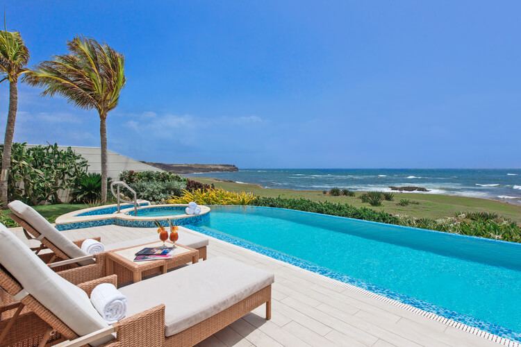 Luxurious poolside lounging area with a panoramic ocean view, featuring sun loungers, a clear blue infinity pool, tropical palm trees, and a serene coastal backdrop, ideal for relaxation and holiday retreats.