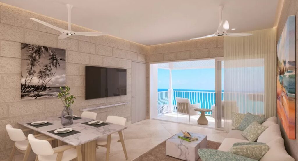 A modern, beach-facing layout of a living space in Crane Private Residence, perfect for expats and retirees thinking about moving to Barbados for retirement